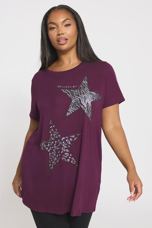 YOURS Plus Size Purple Star Print T-Shirt | Yours Clothing 1