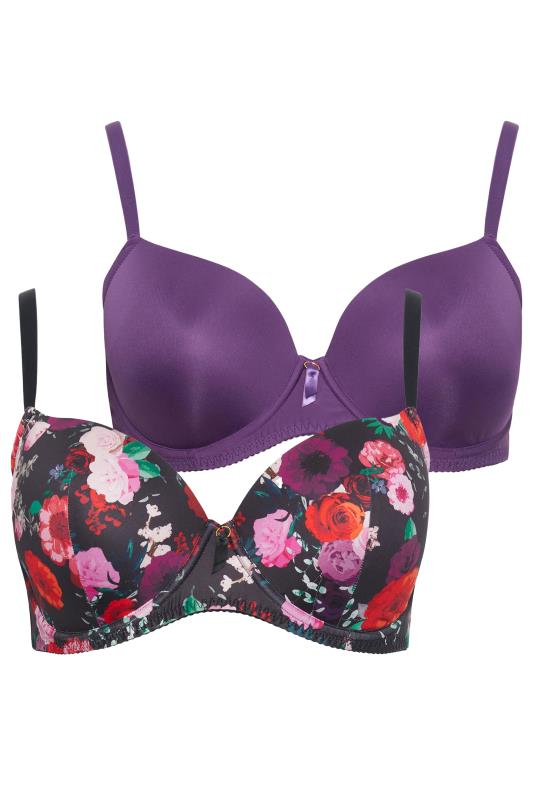 YOURS 2 PACK Plus Size Black & Purple Floral Print Padded T-Shirt Bras | Yours Clothing 8