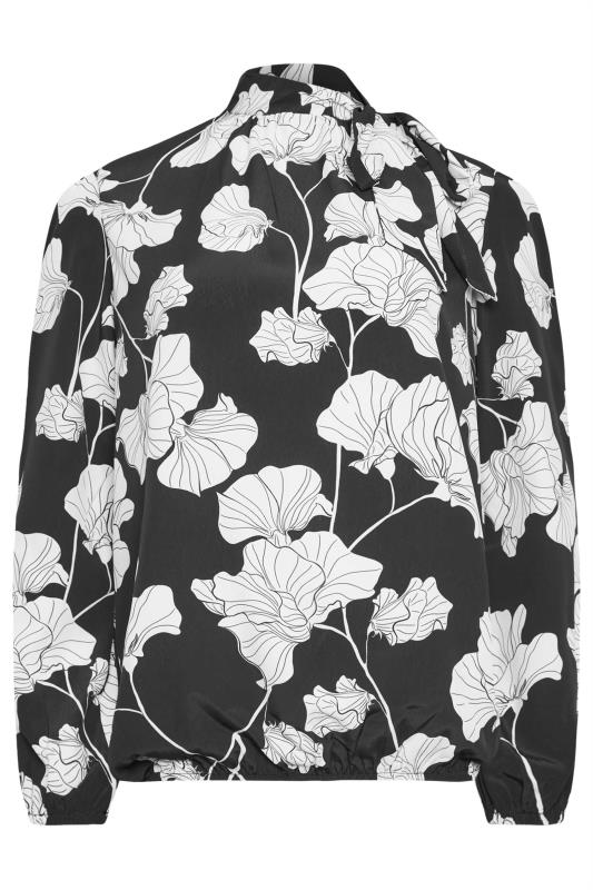 M&Co Black Floral Print Tie Neck Bubble Hem Blouse | M&Co 6