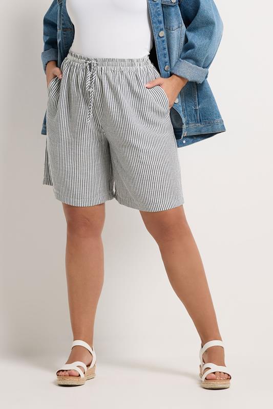 YOURS Curve Blue Stripe Linen Look Shorts