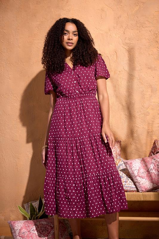 M&Co Berry Red Dobby Tiered Cotton Midi Dress