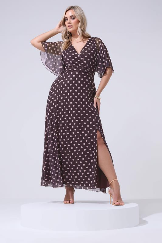YOURS LONDON Curve Chocolate Brown & Pink Polka Dot Wrap Dress