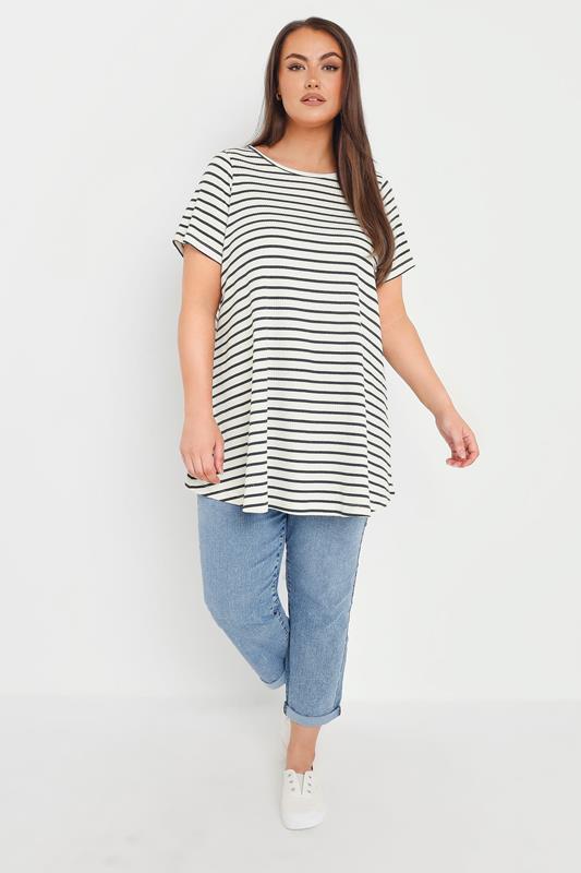 YOURS Plus Size White Striped Ribbed Swing Top | Yours Clothing 1