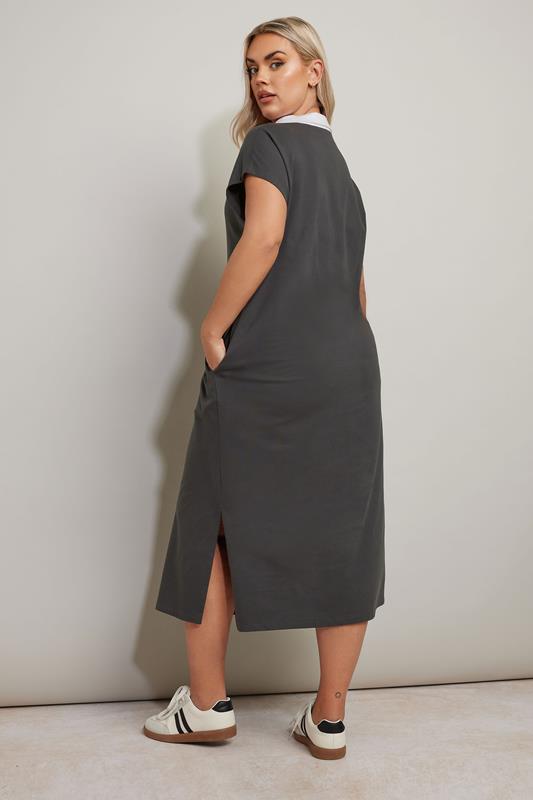 YOURS Plus Size Charcoal Grey Jersey Collar Grown-On Sleeve Dress | Yours Clothing 2
