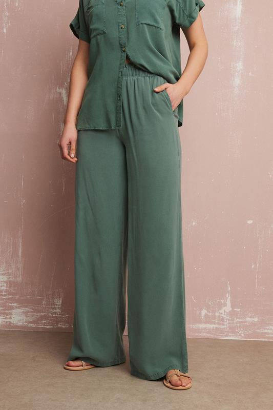 LTS Tall Khaki Green Acid Wash Wide Leg Trousers | Long Tall Sally 2