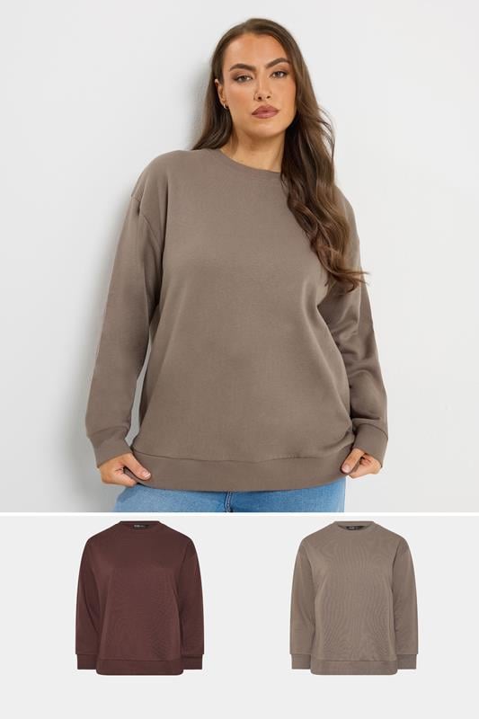 YOURSET Plus Size 2 PACK Chocolate Brown & Mocha Brown Sweatshirts | Yours Clothing 1
