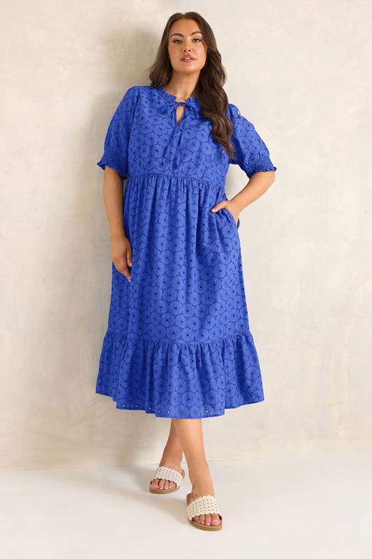 EVANS Plus Size Blue Tie Neck Broderie Cotton Maxi Dress | Evans 1