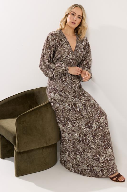 LTS Tall Women's Chocolate Brown Paisley Shirred Maxi Dress | Long Tall Sally 1