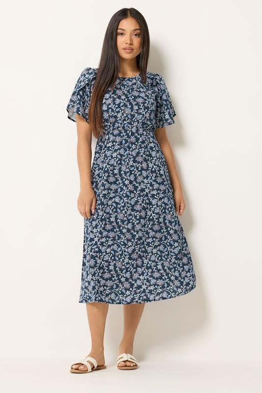 M&Co Petite Blue Floral Print Tulip Sleeve Dress | M&Co 1