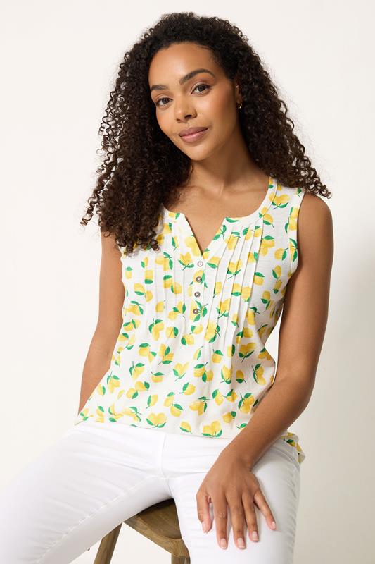  M&Co Yellow Lemon Print Sleeveless Cotton Henley Top
