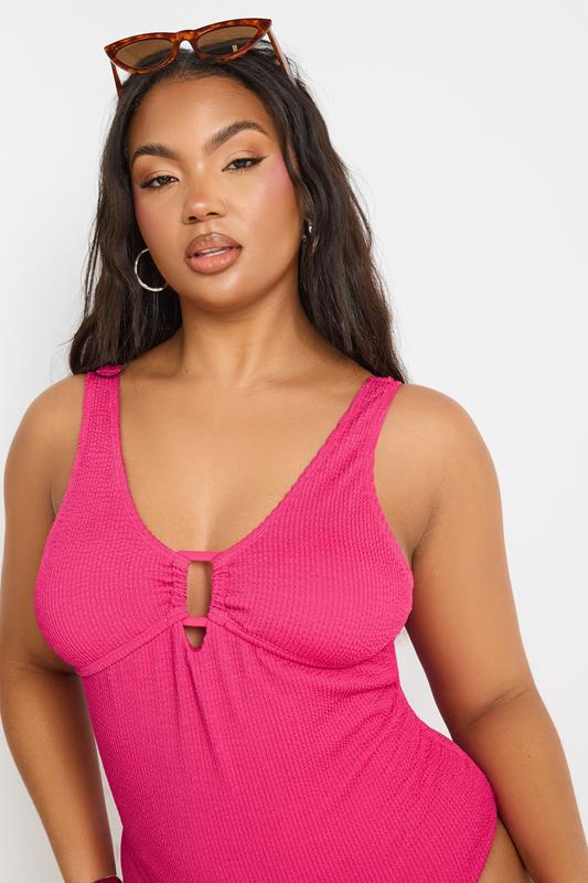 YOURS Plus Size Pink Buckle Textured Swimsuit | Yours Clothing 5