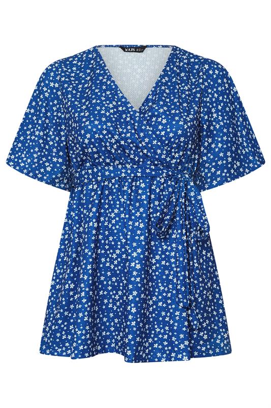 YOURS Plus Size Blue Ditsy Floral Print Wrap Top | Yours Clothing 5