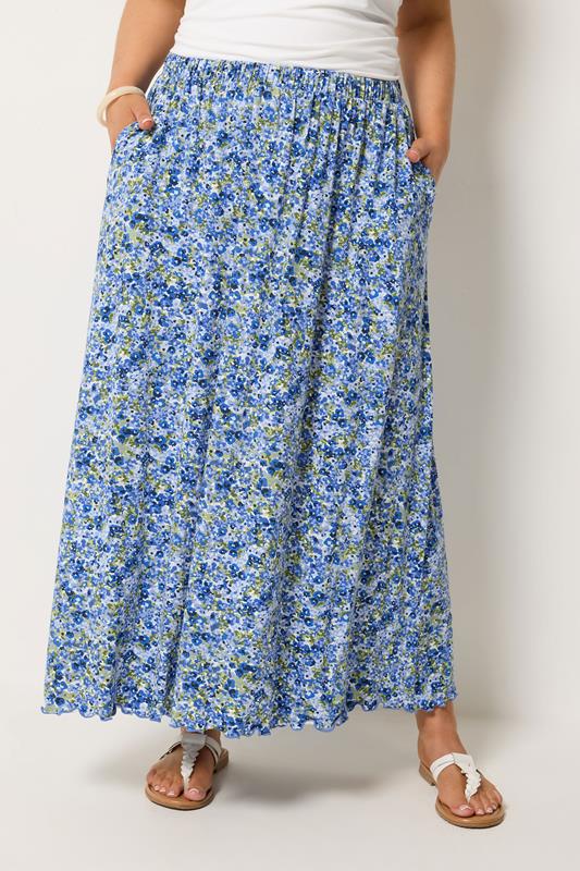 YOURS Plus Size Blue Floral Print Maxi Skirt | Yours Clothing  1