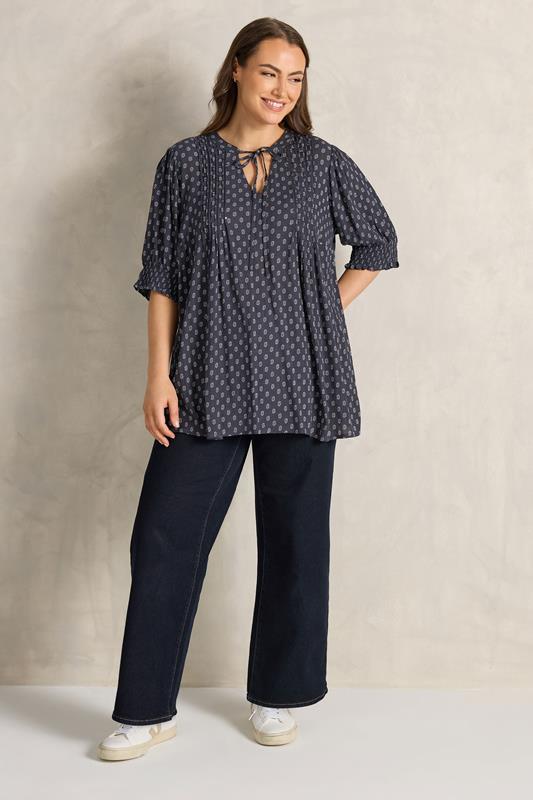 EVANS Plus Size Navy Blue Dobby Tie Neck Pintuck Blouse | Evans 2
