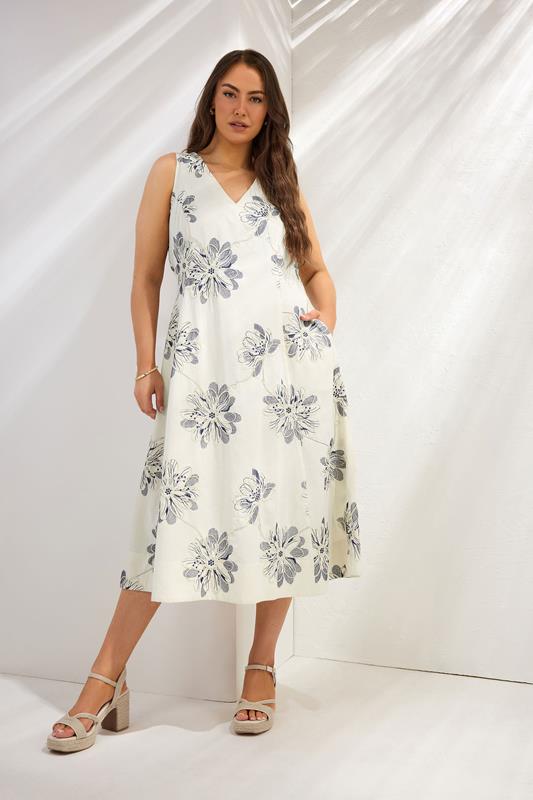 EVANS Curve Cream Embroidered Floral Linen Midi Dress