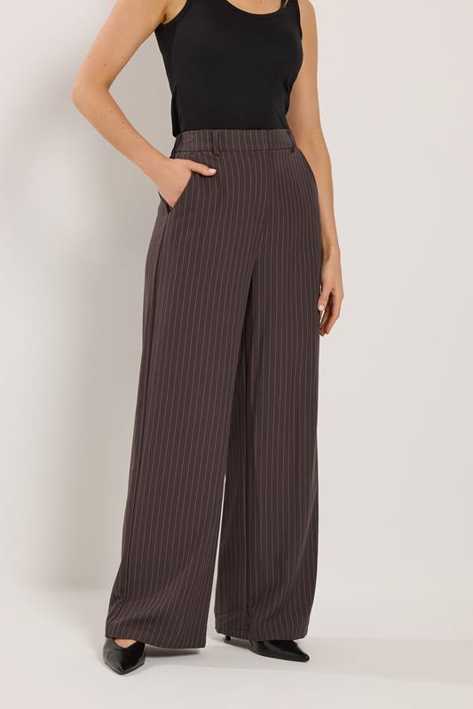 LTS PREMIUM Tall Women's Chocolate Brown Pinstripe Wide Leg Trousers| Long Tall Sally 1