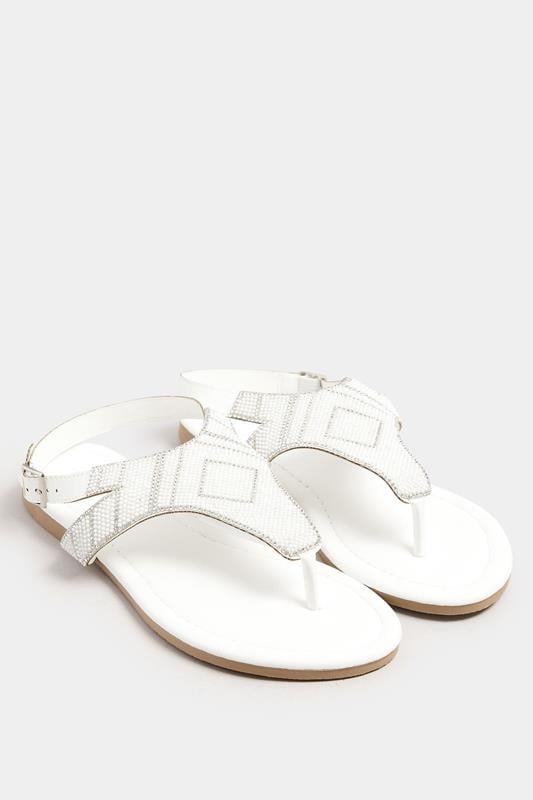White Embellished T-Bar Sandals In Wide E & Extra Wide EEE Fit