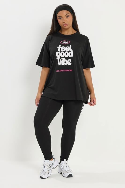 YOURS ACTIVE Plus Size Black 'Feel Good Vibe' T-Shirt | Yours Clothing 2