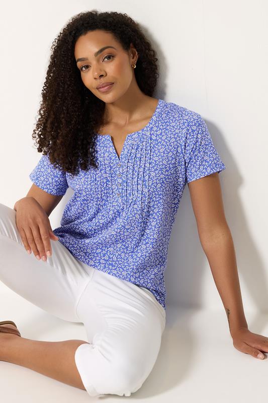  M&Co Blue Leaf Print Cotton Henley Top