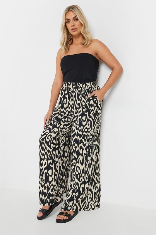 YOURS Plus Size Black Textured Abstract Print Wide Leg Trousers | Yours Clothing 1