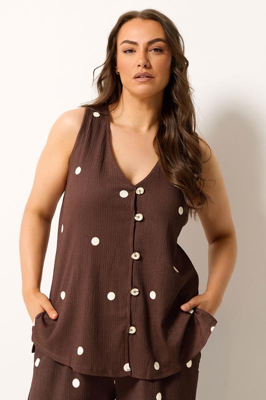 YOURS Curve Chocolate Brown Polka Dot Textured Waistcoat