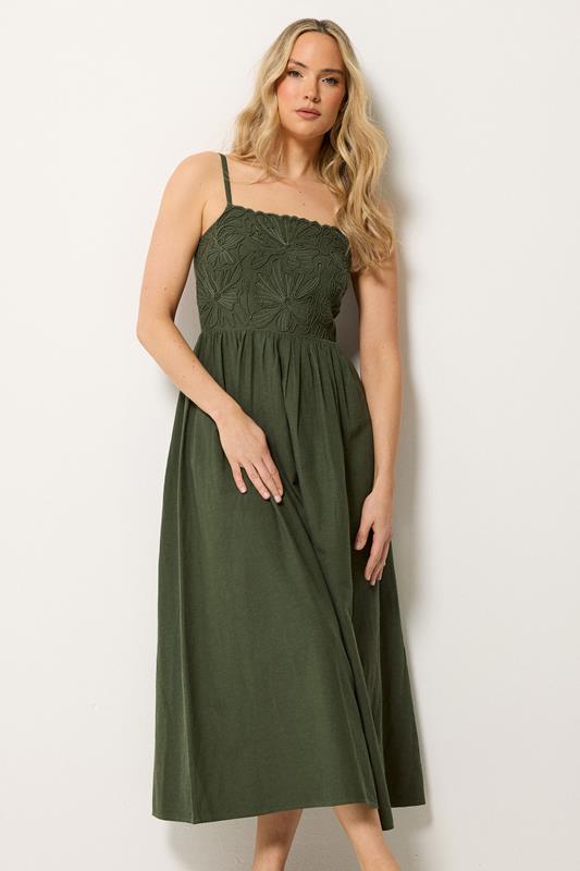 LTS Tall Women's Olive Green Linen Embroidered Midi Dress | Long Tall Sally 1