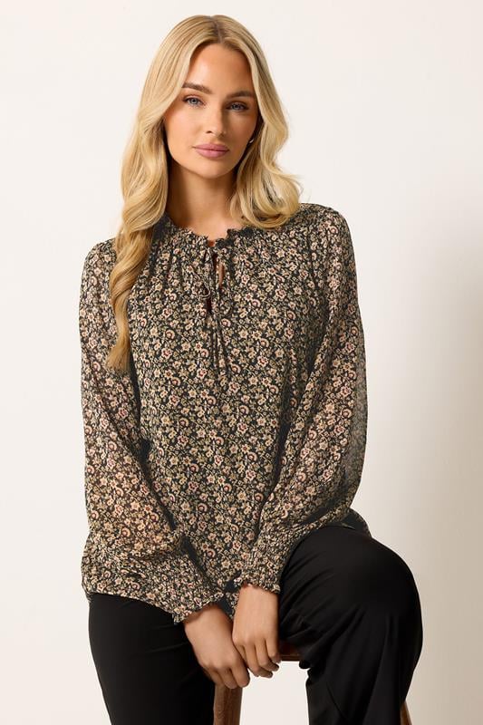  M&Co Brown Floral Tie Neck Blouse