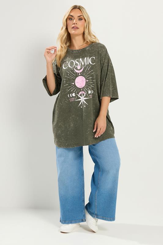 YOURS Plus Size Green Acid Wash 'Cosmic' Oversized T-Shirt | Yours Clothing 1