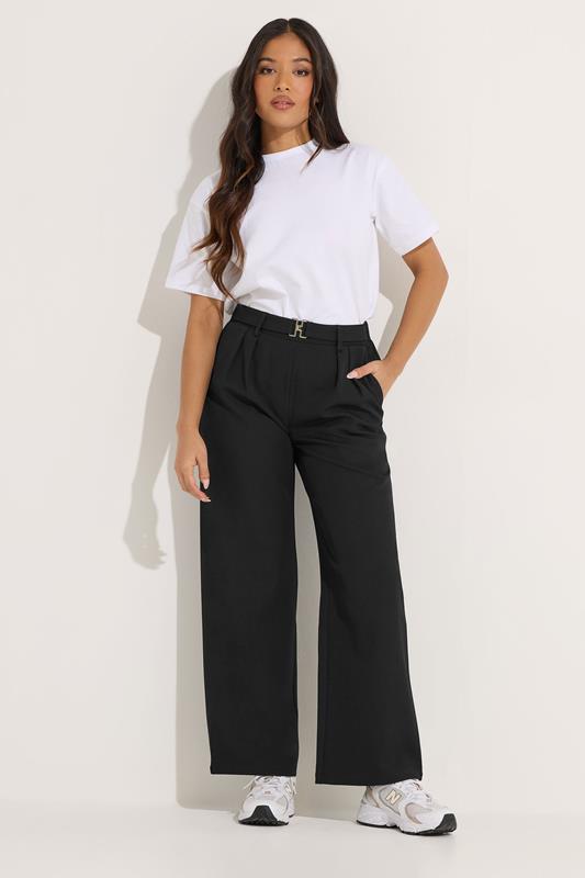 PixieGirl Petite Women's Black Buckle Wide Leg Trousers | PixieGirl 1