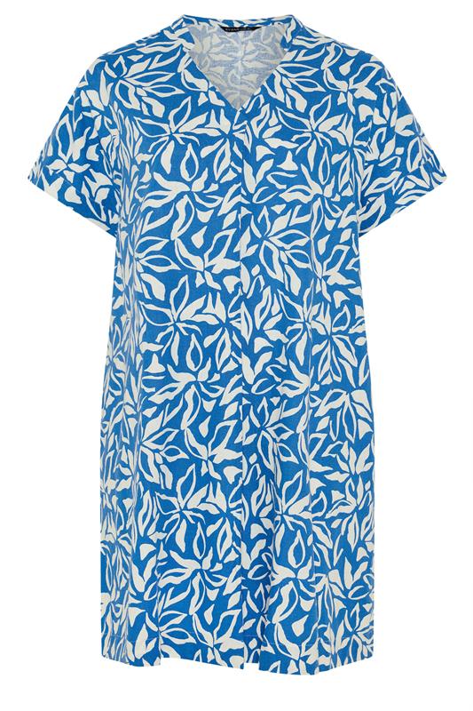 EVANS Plus Size Blue Premium Linen Leaf Print Shift Dress | Evans 7