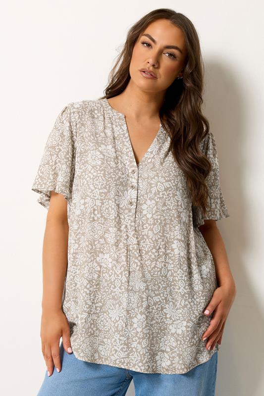 YOURS Curve Natural Brown Floral Notch Neck Top