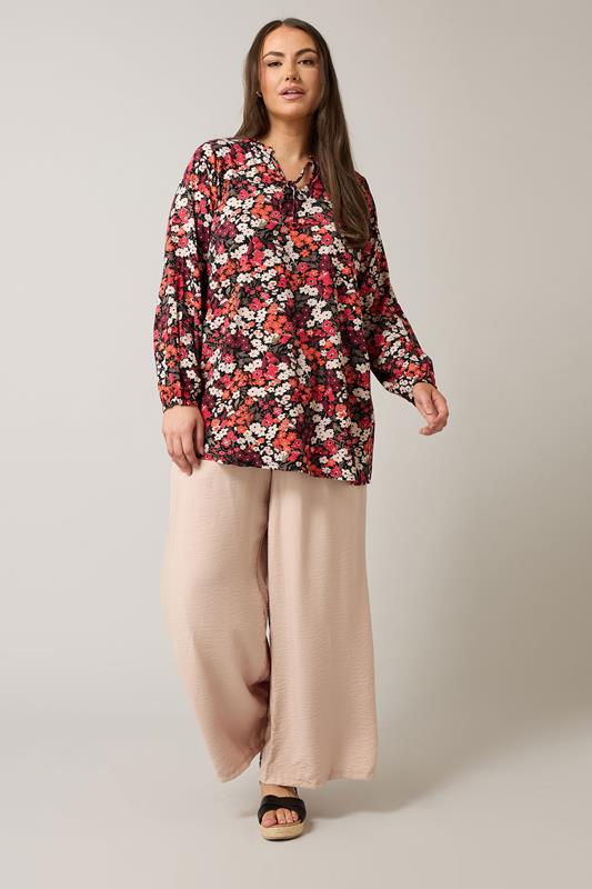 EVANS Plus Size Orange Ditsy Floral Tie Neck Top | Evans 1