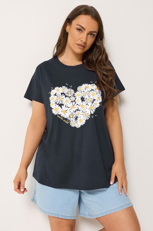 YOURS Curve Navy Daisy Heart Print T-Shirt