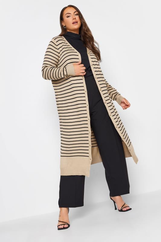 YOURS Plus Size Beige Brown Stripe Maxi Cardigan | Yours Clothing 3