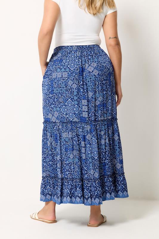 YOURS Plus Size Navy Blue Paisley Tiered Skirt | Yours Clothing 2