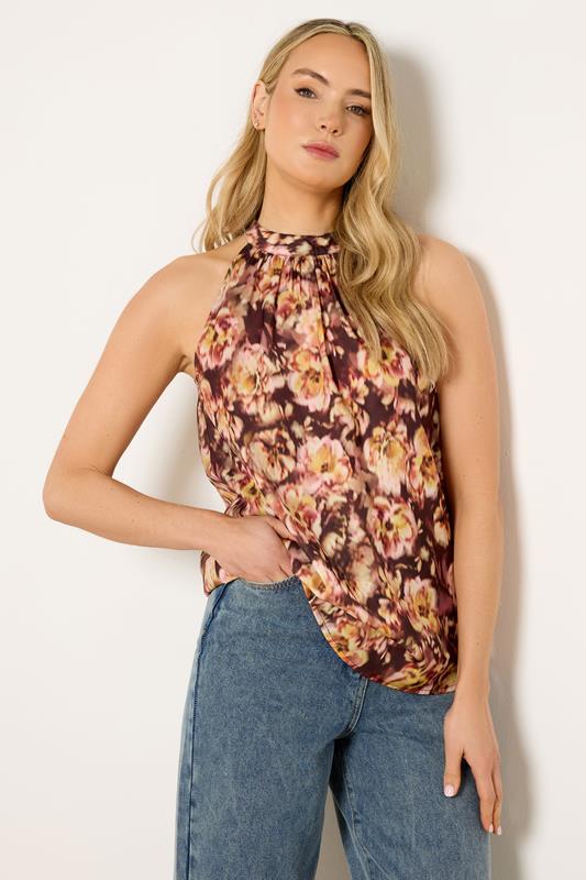 LTS Tall Rust Orange Floral Satin Halterneck Top