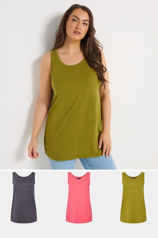 YOURS 3 PACK Plus Size Grey & Green Core Vest Tops | Yours Clothing 1