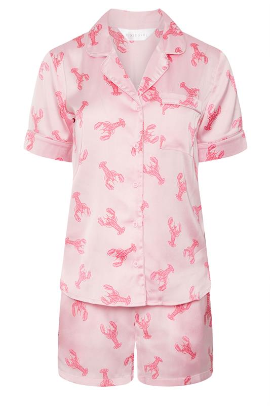 PixieGirl Petite Women's Pink Satin Lobster Graphic Short Pyjama Set | PixieGirl 6