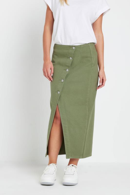 PixieGirl Petite Women's Khaki Green Denim Asymmetric Button Midi Skirt | PixieGirl 2