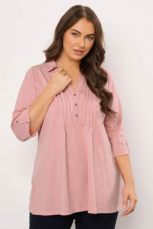  EVANS Curve Blush Pink Pintuck Henley Top
