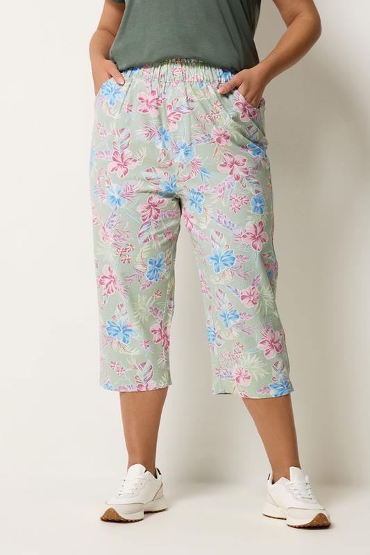 YOURS Plus Size Sage Green Tropical Cropped Trousers | Yours Clothing 1