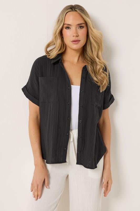 LTS Tall Black Cheesecloth Grown-On Sleeve Cotton Shirt