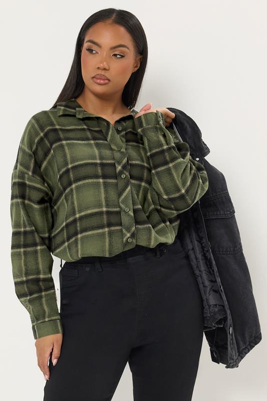YOURS Plus Size Khaki Green Oversized Check Shirt | Yours Clothing  2