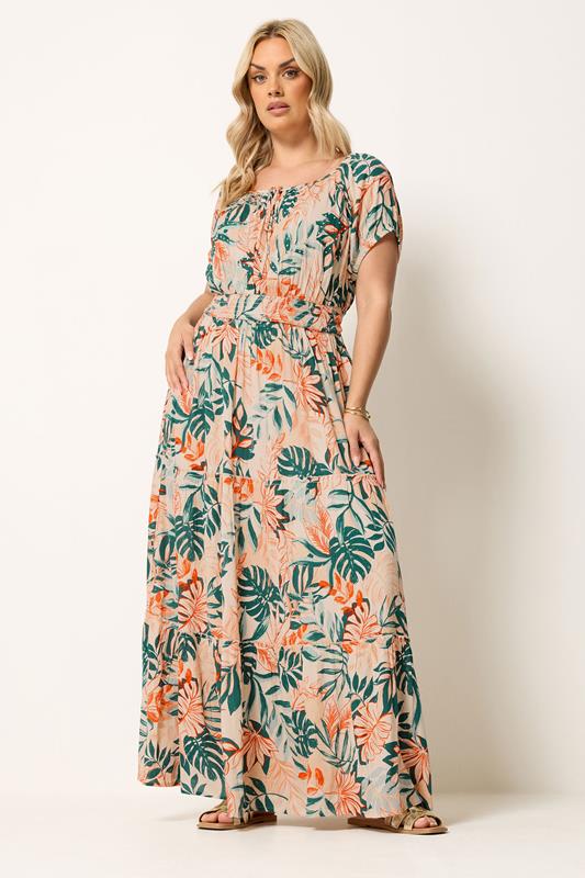YOURS Curve Cream Leaf Tie Neck Bardot Maxi Dress