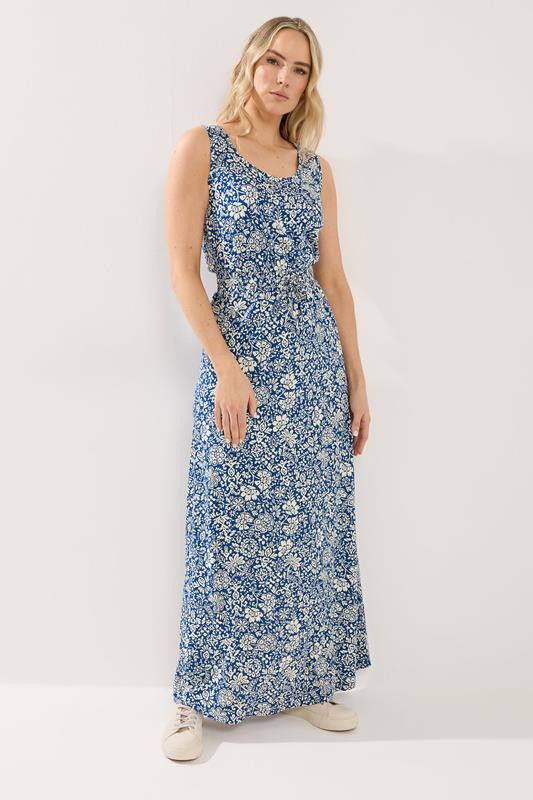 LTS Tall Women's Dark Blue Floral Tie Waist Cotton Maxi Dress | Long Tall Sally 1