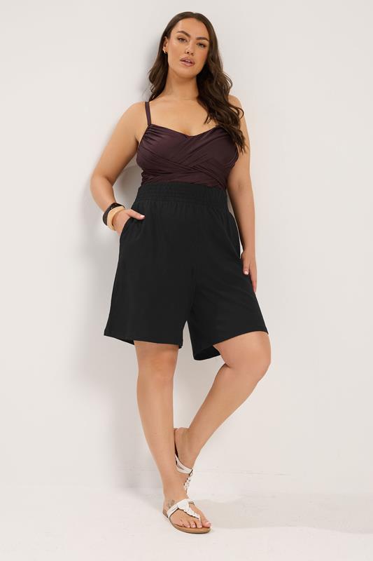 YOURS Plus Size Black Shirred Shorts | Yours Clothing 1