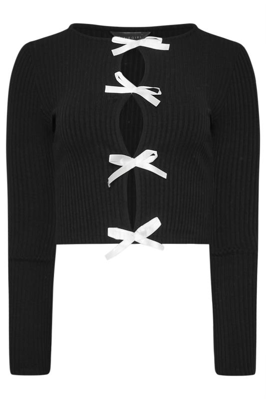 PixieGirl Petite Women's Black Ribbed Bow Detail Long Sleeve Top | PixieGirl 9