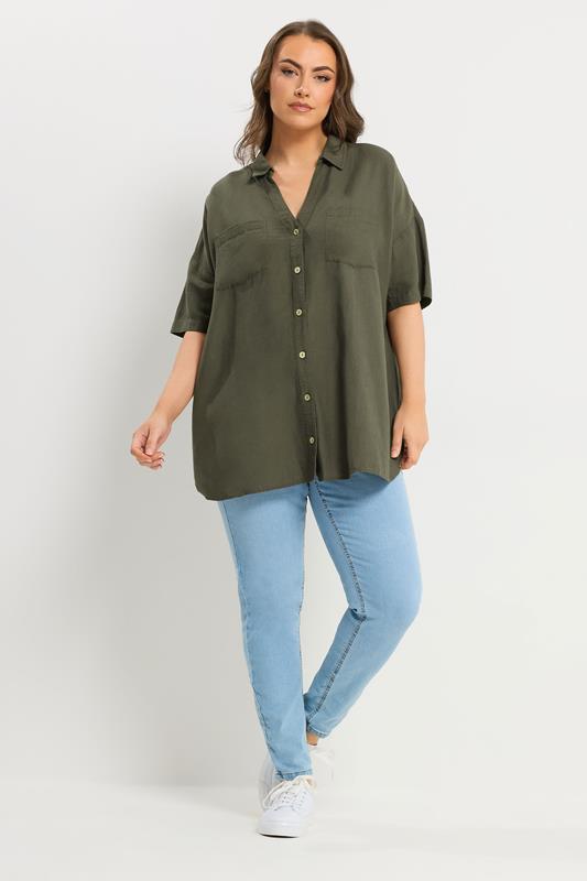 YOURS Plus Size Khaki Green Short Sleeve Linen Shirt | Yours Clothing 2