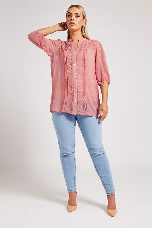 YOURS LONDON Plus Size Pink Dobby Crochet Trim Blouse | Yours Clothing 1