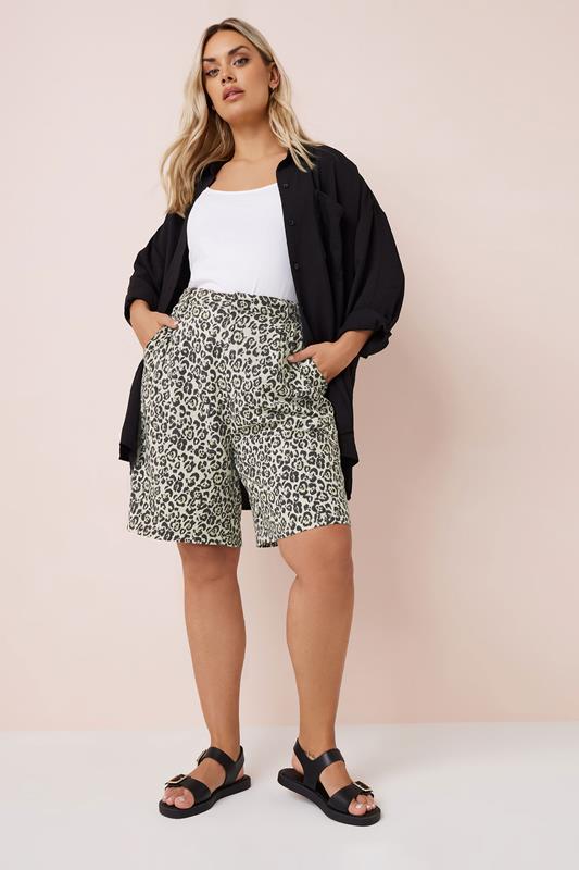 YOURS Plus Size Brown Leopard Print Linen Bermuda Shorts | Yours Clothing 2